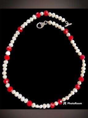 Freshwater Pearl and Red Bead Necklace - Elegant Women's Jewelry 21”